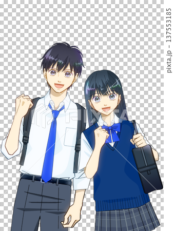 Anime-style illustration of a smiling student in summer clothes holding a backpack and school bag, white background 137553185