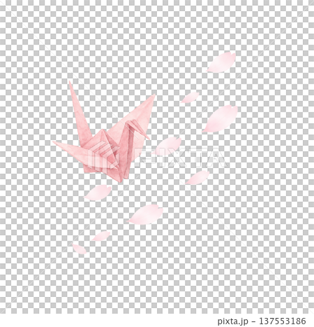 Watercolor illustration of origami cranes and cherry blossom petals Spring Japanese style material 137553186