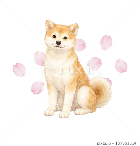 桜と柴犬の水彩イラスト 春のかわいい日本犬素材 137553314