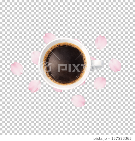 櫻花花瓣和咖啡杯的水彩插畫，展現了春日咖啡館的氛圍。 137553363