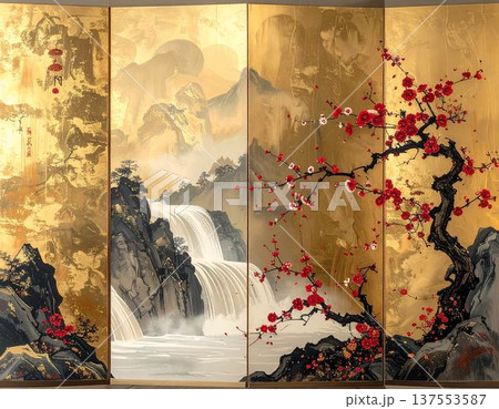 琳派様式の金屏風イラスト。滝を伴う山水景観と紅白梅が描かれた日本の伝統的な豪華背景素材 137553587