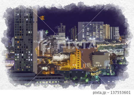 水彩画風　門司の夜景　門司港レトロ　福岡県北九州市 137553601