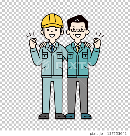 ガッツポーズをする中高年の経営者とヘルメットをかぶった作業員の全身ベクターイラスト素材 137553641