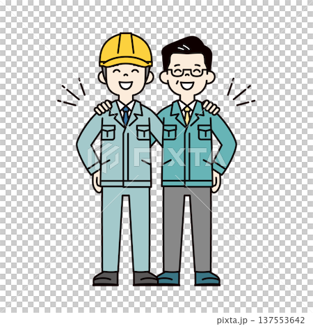 全身向量插圖，描繪了一位身穿工作服的工地主管和一位小型企業總裁/經理面帶微笑，互相摟著對方的肩膀。 137553642