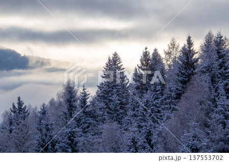 Sunrise makes a breakthrough in the mist between the mountains Sunrise makes a breakthrough in the mist between the mountains 137553702
