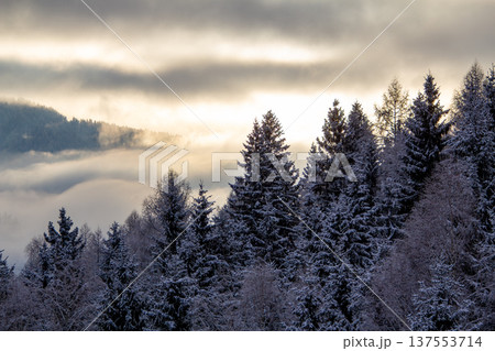 Sunrise makes a breakthrough in the mist between the mountains 137553714