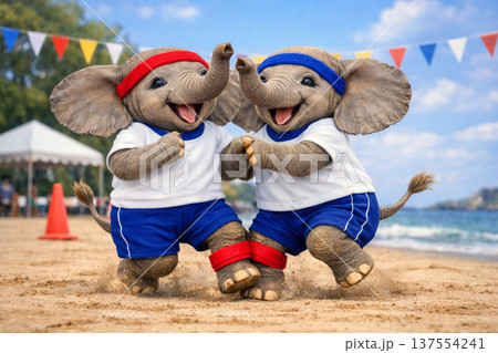 二人三脚で走る小象 137554241