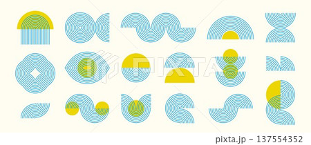Blue boho line element collection. Bohemian decorative wave and curve form set for badge, logo, card, poster, banner. Mid century geometric lemon yellow arch and zigzag objects. Vector wavy arc shapes 137554352