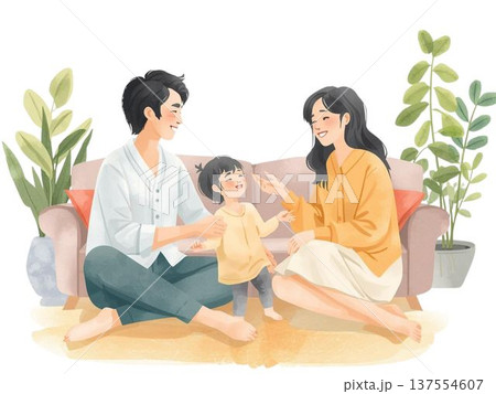 リビングで会話を楽しむ家族の水彩イラスト 温かい家庭時間のイメージ素材 リビングで会話を楽しむ家族の水彩イラスト 温かい家庭時間のイメージ素材 137554607