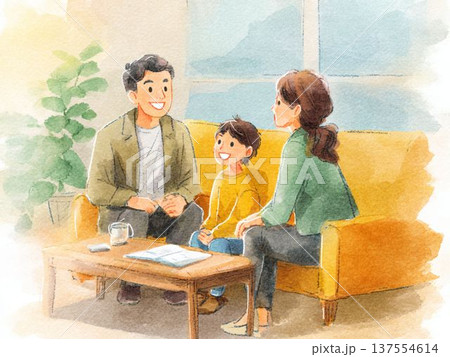 リビングで会話を楽しむ家族の水彩イラスト 温かい家庭時間のイメージ素材 リビングで会話を楽しむ家族の水彩イラスト 温かい家庭時間のイメージ素材 137554614