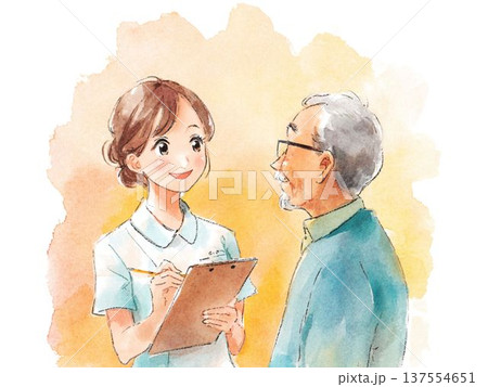 高齢者にやさしく説明する女性医師の水彩イラスト 医療相談と安心のイメージ素材 高齢者にやさしく説明する女性医師の水彩イラスト 医療相談と安心のイメージ素材 137554651