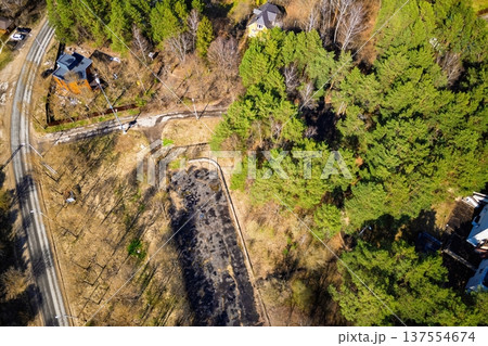 Drone's eye view over a picturesque rural setting with vibrant evergreen forests, curving roads, and an open park-like expanse bathed in sunlight Drone's eye view over a picturesque rural setting with vibrant evergreen forests, curving roads, and an open park-like expanse bathed in sunlight 137554674