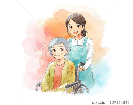 車椅子の高齢者を支える介護士の水彩イラスト　介護福祉と安心のイメージ素材 137554843