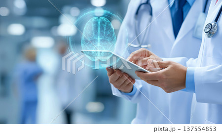 医療DXと診断：脳の3DホログラムとAI解析を行う医師の手元イメージ 137554853