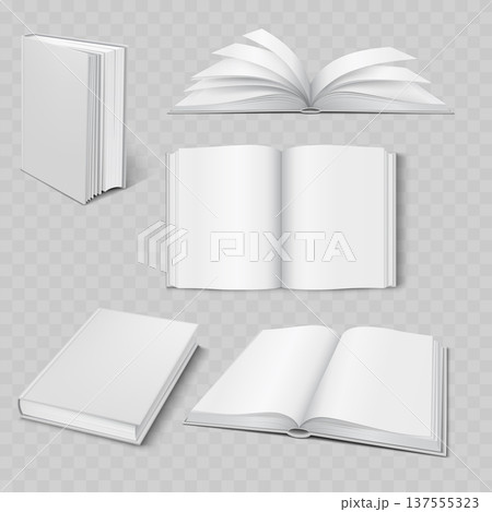 Realistic White Book Mockup Set. Vector Blank Open and Closed Hardcover Templates with Pages and Spine. Realistic White Book Mockup Set. Vector Blank Open and Closed Hardcover Templates with Pages and Spine. 137555323