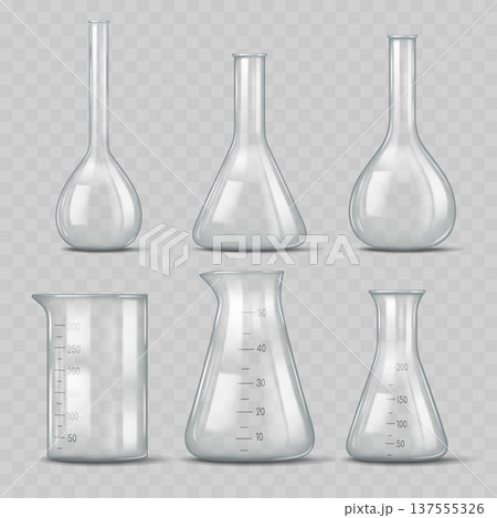 Realistic Transparent Laboratory Glassware Mockup Set. Vector Empty Chemical Science Flasks and Beakers Template. 137555326