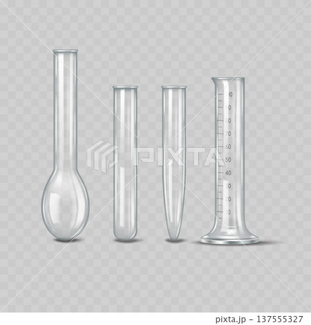 Realistic Transparent Laboratory Glassware Mockup Set. Vector Empty Chemical Science Flasks and Beakers Template. 137555327