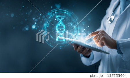 医療DXと診断:タブレットでゲノムデータを分析する近未来の医療イメージ 医療DXと診断:タブレットでゲノムデータを分析する近未来の医療イメージ 137555404