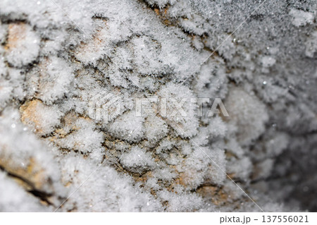 Icy concrete tunnel walls and ceiling, frosty texture. Gloomy winter basement, cold and bleak atmosphere Icy concrete tunnel walls and ceiling, frosty texture. Gloomy winter basement, cold and bleak atmosphere 137556021