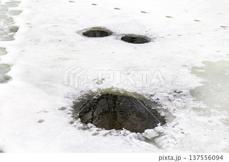 Melting river ice with deep foot impressions and ominous holes forming a distressed face. Thin, dangerous ice signals late winter's end. A stark warning of peril Melting river ice with deep foot impressions and ominous holes forming a distressed face. Thin, dangerous ice signals late winter's end. A stark warning of peril 137556094