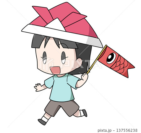 鯉のぼりを持って走る子どもの日の女の子のイラスト 137556238