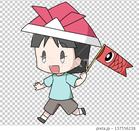 鯉のぼりを持って走る子どもの日の女の子のイラスト 137556238