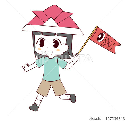 鯉のぼりを持って走る子どもの日の女の子のイラスト 137556248
