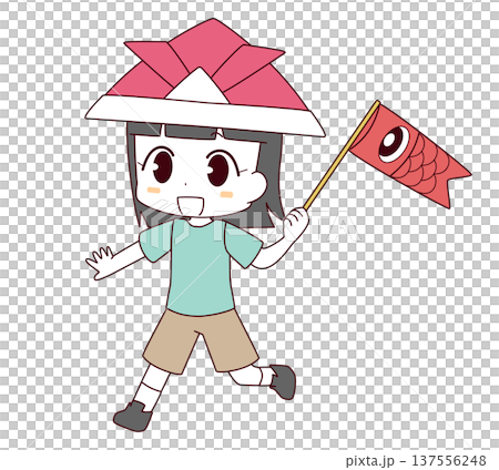 鯉のぼりを持って走る子どもの日の女の子のイラスト 137556248