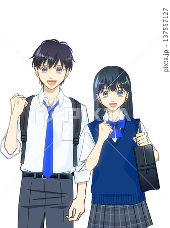 明るい笑顔でリュックとスクールバッグを持つ夏服の学生のアニメ風イラスト、白バック 明るい笑顔でリュックとスクールバッグを持つ夏服の学生のアニメ風イラスト、白バック 137557127