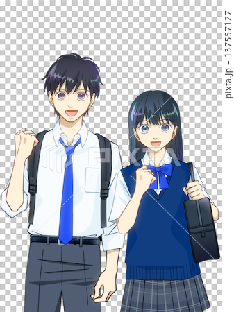 明るい笑顔でリュックとスクールバッグを持つ夏服の学生のアニメ風イラスト、白バック 明るい笑顔でリュックとスクールバッグを持つ夏服の学生のアニメ風イラスト、白バック 137557127