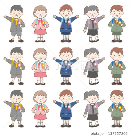 ランドセルを背負った新一年生の子供たち 137557803