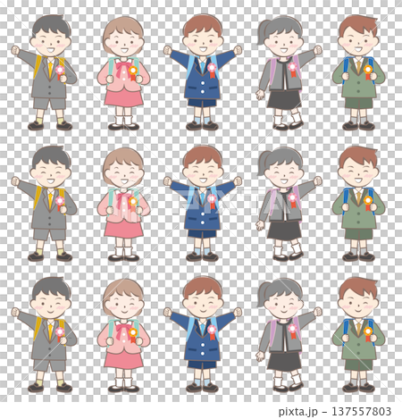 ランドセルを背負った新一年生の子供たち 137557803