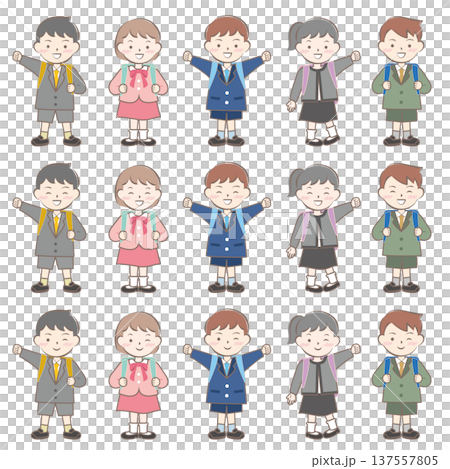 First grade children carrying their school bags 137557805