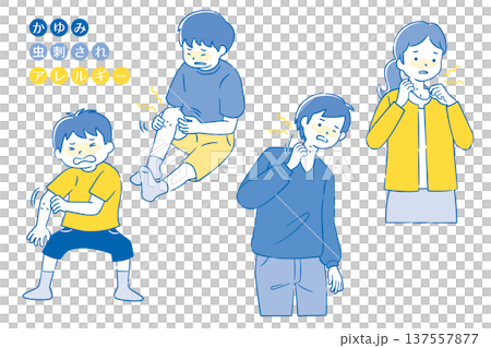 一組描繪人們遭受搔癢和過敏困擾的插圖 2C 一組描繪人們遭受搔癢和過敏困擾的插圖 2C 137557877