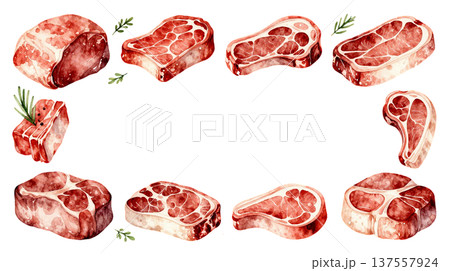 リアルな生肉の水彩イラストフレーム 137557924