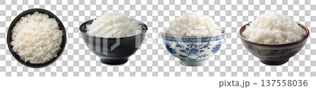 Set of cooked rice in black and traditional style bowls, isolated on transparent background. 137558036