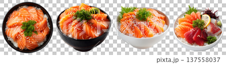 Set of fresh sake sashimi donburi, raw salmon fish topped on steamed rice in a bowl, isolated on transparent background. 137558037