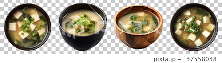 Set of fresh miso soup, traditional Japanese soup in a bowl, isolated on transparent background. 137558038