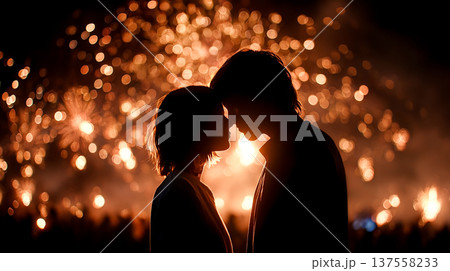 花火のような金色の光の中で顔を寄せ合う男女のカップルのシルエット 137558233