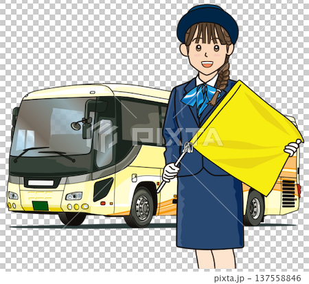 Tourist bus and bus guide holding flag Tourist bus and bus guide holding flag 137558846