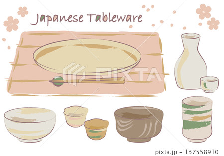 手描き風　和食器のイラストセット 137558910