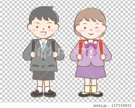 ランドセルを背負った新一年生の子供たち 137558932