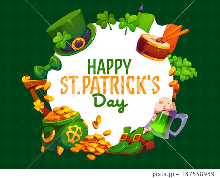 Happy St Patrick's day greeting card. Irish folk holiday vector flyer or greeting card. Saint Patrick day poster with leprechaun hat, shoes and pot of gold, green beer or ale, drum, shamrock leaves 137558939