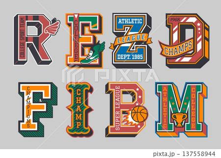 Varsity sport patch label letters decorated with athletic icons and text elements like champs, college and league. Vintage retro font characters, jersey prints for school, college and university teams Varsity sport patch label letters decorated with athletic icons and text elements like champs, college and league. Vintage retro font characters, jersey prints for school, college and university teams 137558944
