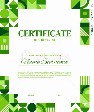 Diploma certificate of achievement with geometric pattern. Vector document template for ecology and environment rewards. Modern appreciation layout with green shapes, abstract natural elements Diploma certificate of achievement with geometric pattern. Vector document template for ecology and environment rewards. Modern appreciation layout with green shapes, abstract natural elements 137558949