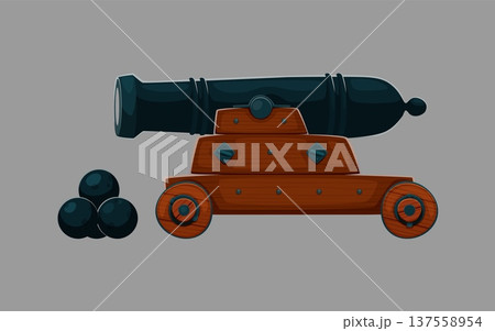 Cartoon pirate cannon, classic naval artillery weapon for maritime battle and defense, historic military equipment with metal barrel on wooden carriage with wheels and stacked round cannonballs nearby 137558954