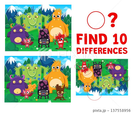 Find ten differences between funny monster characters landscape. Matching details, objects comparing riddle game vector worksheet. Spotting quiz with hairy spooky monsters, creepy creatures characters 137558956