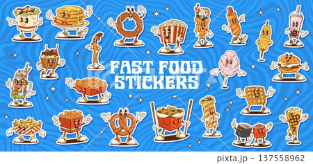 Groovy fast food characters stickers of cartoon dancing pizza slice, burger and fries, popcorn, hot dog and taco. Vector groovy fast food sandwich, sushi, chicken, cotton candy and waffles stickers Groovy fast food characters stickers of cartoon dancing pizza slice, burger and fries, popcorn, hot dog and taco. Vector groovy fast food sandwich, sushi, chicken, cotton candy and waffles stickers 137558962