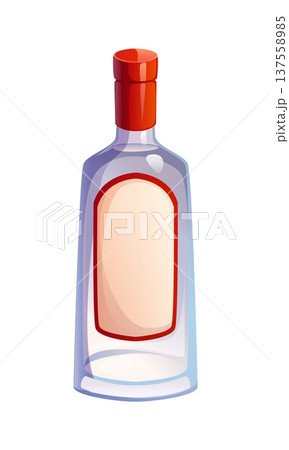 Cartoon traditional vodka bottle, alcohol beverage bottle with glossy surface and blank bordered label. Isolated vector transparent glass flask with strong alcohol drink for bar menu or party booze Cartoon traditional vodka bottle, alcohol beverage bottle with glossy surface and blank bordered label. Isolated vector transparent glass flask with strong alcohol drink for bar menu or party booze 137558985