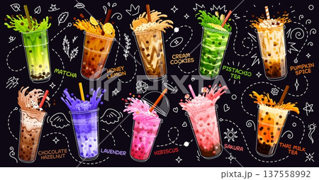 Cartoon milk bubble tea drink glasses with bright splashes. Vector pearl milk tea, boba coffee and tapioca bubble milkshake, juice or smoothie beverages served with chocolate, fruit and cream 137558992